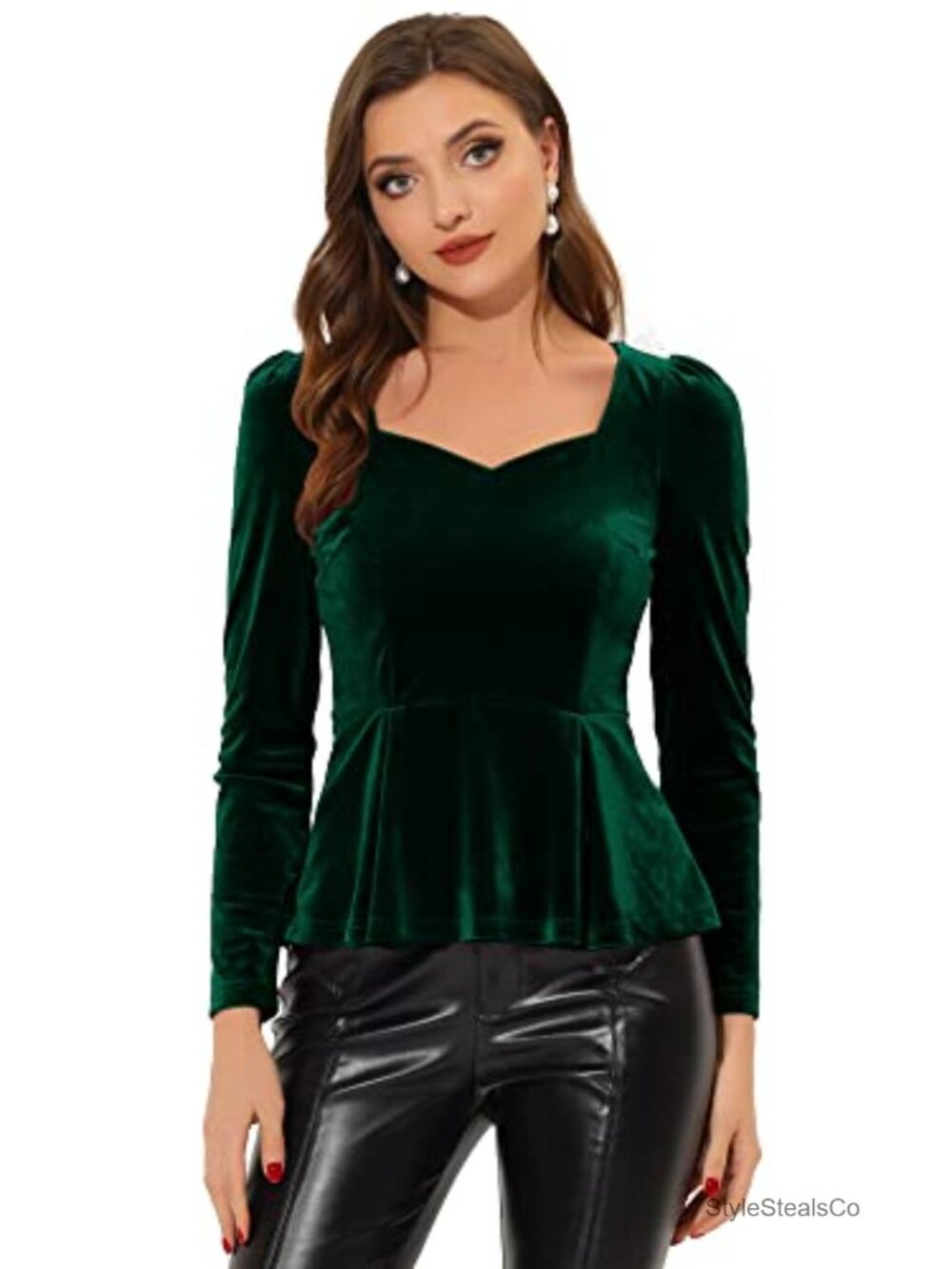 Velvet Sweetheart Neck Peplum Blouse Puff Sleeve Party Top
